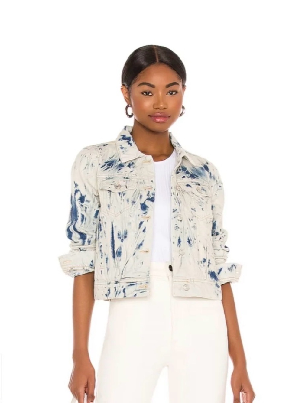 Free People Rumors Small Acid Wash Jones Print Tie-Dye Denim Jacket White & Navy